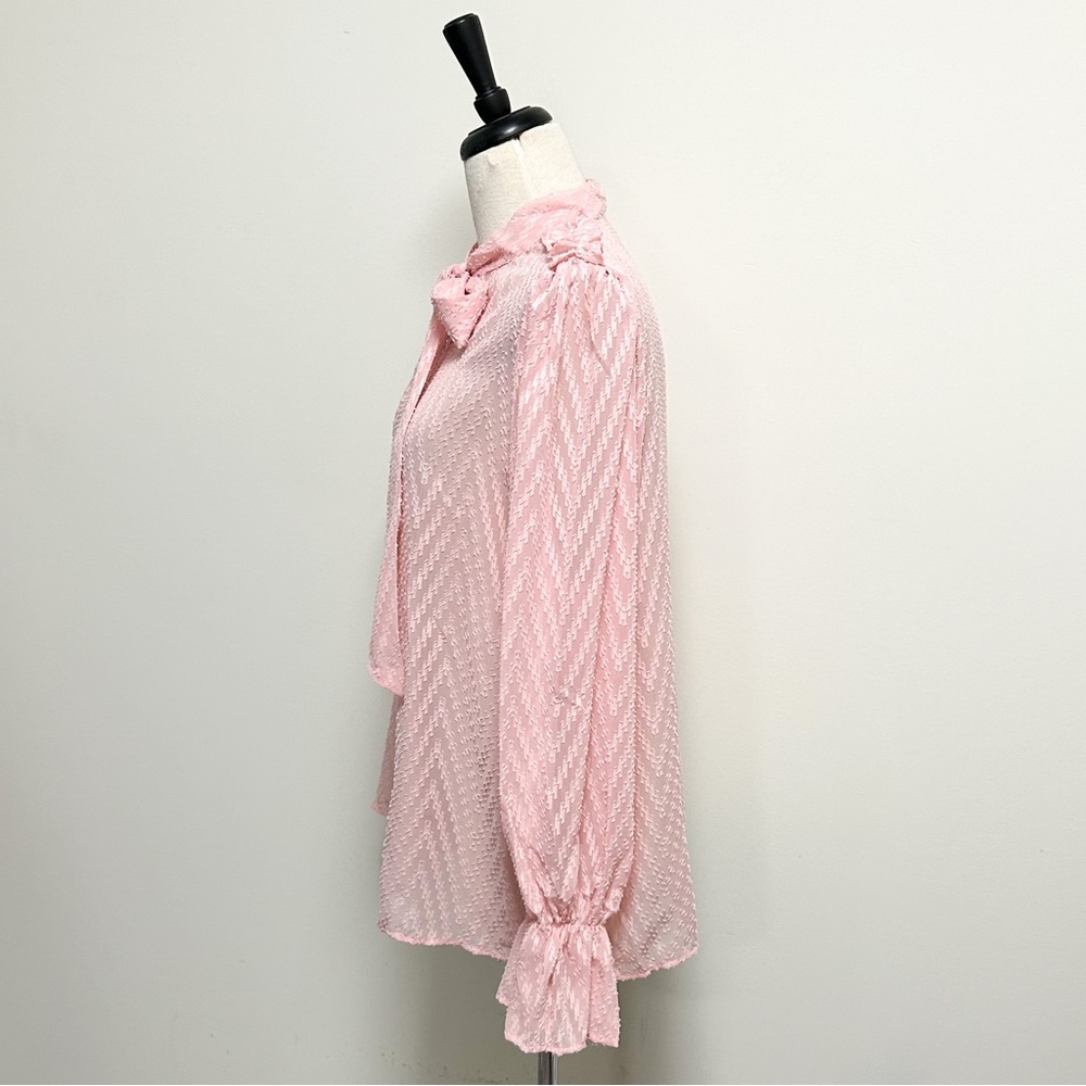 Shein Pink Sheer Chevron Faux Pearl Puff Flounce Sleeve Pussycat Bow Blouse 2XL - Picture 5 of 10